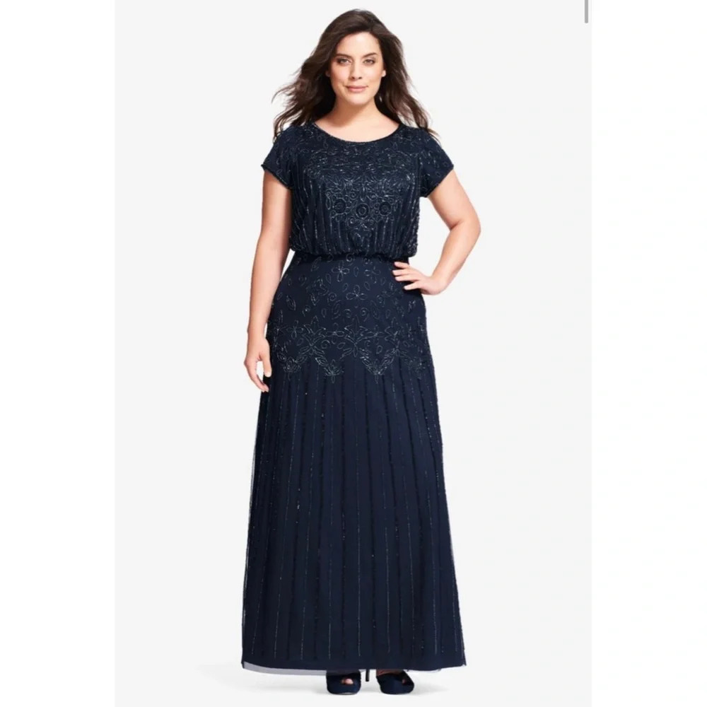 Adrianna Papell PLUS SIZE BEADED GOWN IN NAVY NWT Size 14